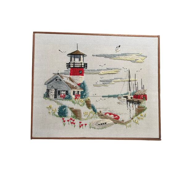 Vtg Paragon Needlecraft #0519 Crewel Embroidery Cape Cod Lighthouse 22.5"x18.5"